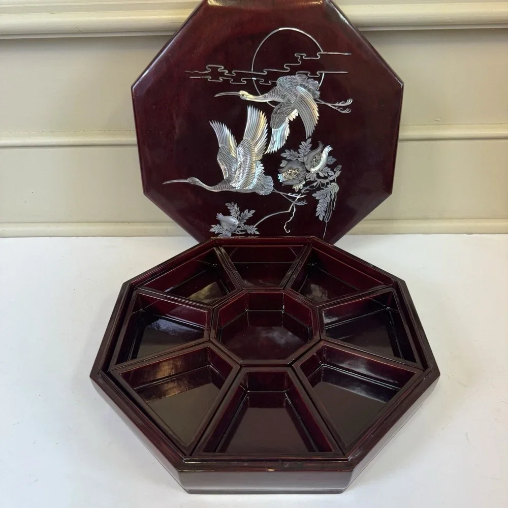 Vintage Korean Octagonal Lacquer Box Mother of Pearl Inlay Birds Military Signed